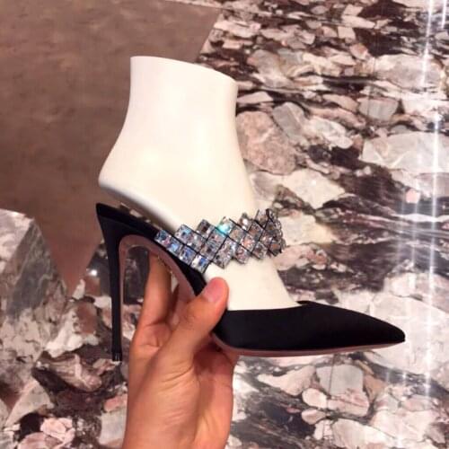 Chic Ladies Cube Rhinestone Strap High Heels Pointed Toe Wedding Pumps Bling Banquet Party Thin Heels Crystal Slipper Shoes