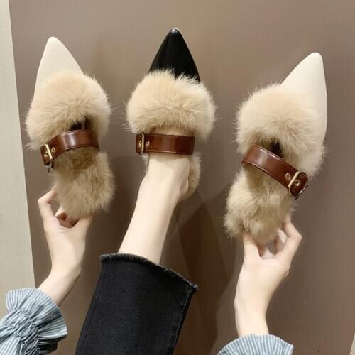 Belt Buckle Faux Fur Slippers Female Winter Slippers Women Shoes Woman New Warm Fur Mules Slip on Cover Pointed Toe Cute Slides
