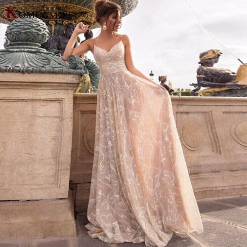 2021 Hot Sale Spaghetti Straps Court Train A-Line Wedding Dress Elegant Sleeveless Embroidery Appliques Tulle V-Neck Bridal Gown