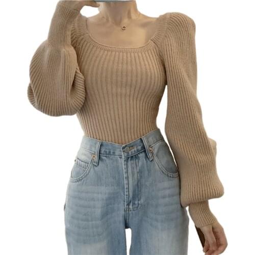 Vintage Sweater Square Collar Solid Winter Puff Sleeve Top Pullover for Women Slim Korean Fashion Clothing sexy Knitted Sweater