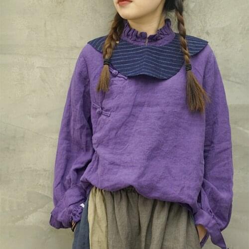 Johnature Women Linen Vintage Shirts And Tops Solid Color Stand Button Chinese Style Blouses Women Clothes Loose Original Shirts