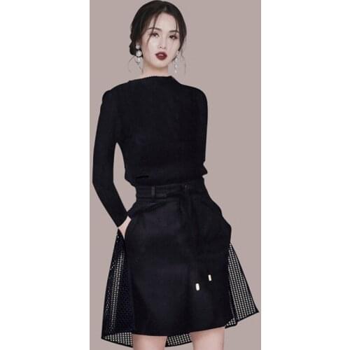 Autumn Office Two Piece Set Women Fashion Design Black Knitting Top + Belted Hight Waist Patchwork Mini Skirt Suit