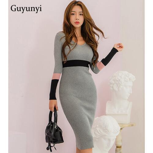 Simple Elegant Office Lady Dress 2020 Autumn Winter Warm Pencil Dress Long Sleeve High Waist Tight Stretch Knit Dress Women