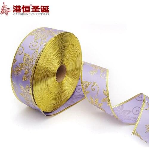 10M* (63mm) Wash Gold Flower Printed Satin Ribbons Christmas Tree Ornaments Wedding Decor Supplies Gift Wrapping Riband