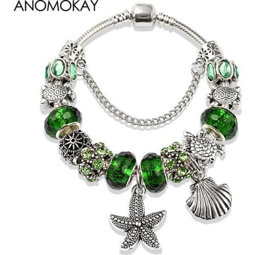 2019 New Design Green Glass Charm Bracelet Antique Silver Plated Ocean Animal Diy Bead Bracelet Starfish Turtle Sporty Jewelry