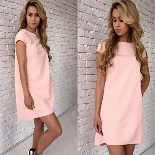 2020 Casual Short Sleeve Dress Women Summer Solid Color Short Mini Round Neck Loose T Shirt Dress Thin Femme Party