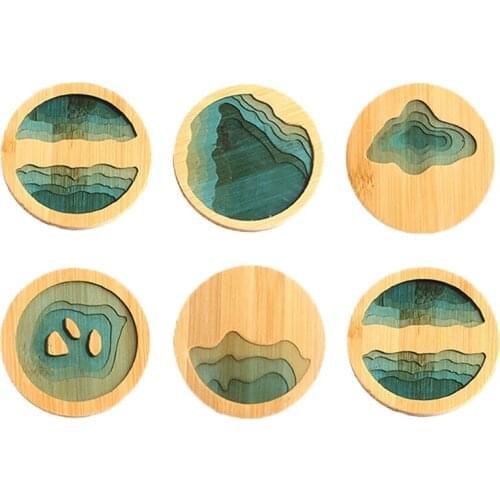 6Pcs Bamboo Multiple Styles Coasters Bowl Pad Insulation Placemats Table Padding Creative Resin Pattern Non-Slip Cup Mat