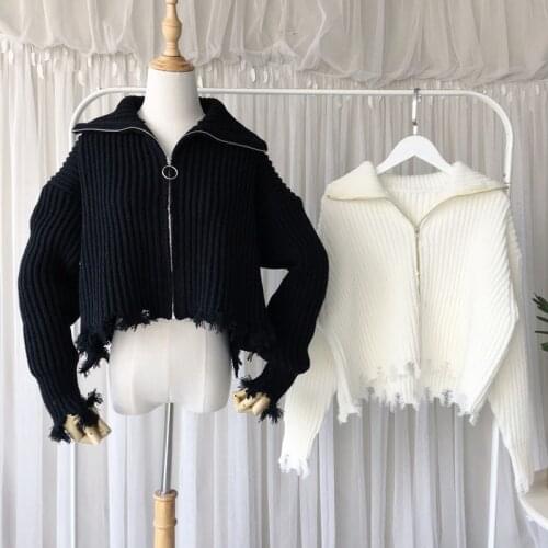 Tassled Irregular Knitted Cardigan 2020 Spring Autumn New Loose Lazy Zipper Turtleneck Sweater Womens Sweater