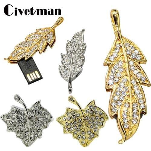 Metal Leaf USB Flash Drive 64GB Pen Drive Necklace Leaves Pendant 128GB 32GB 16GB 8GB USB Flash Memory Stick Disk 256GB Pendrive