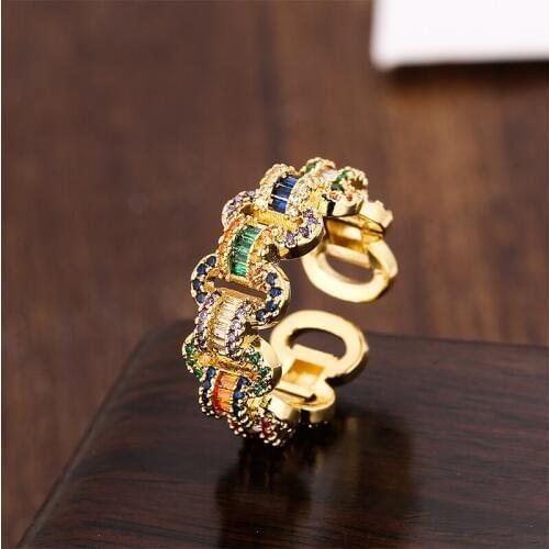 Exquiste Womens gold cz button ring adjustable rainbow ring Wedding rings Multicolored crystal copper ring for women