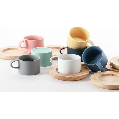 Nordic Brief Style Frost Coffee Cup Pure Natural Oak Wood Saucer Set Macaroon Colored Ceramic Glaze Cafe Tea Espresso Mug Tazas