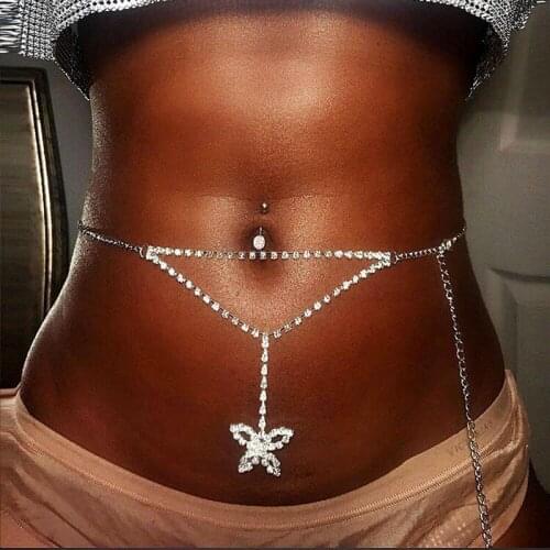MOFLO Sexy Body Jewelry Crystal Rhinestone Butterfly Belly Chain Beach Bikini Waist Chain Lower Back Butterfly Body Chain