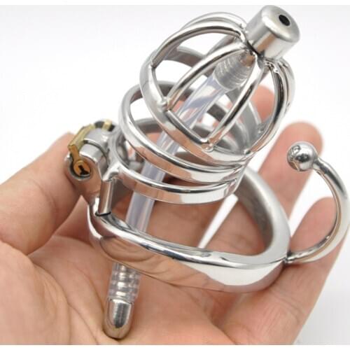 Stainless Steel Male Chastity Belt With Urethral Catheter,Cock Cage with Base Arc Ring,Penis Rings,Penis Lock,Sex Toys For Man
