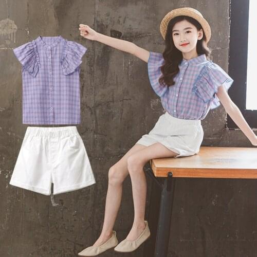 2021 New summer girl cloth+short pants 2pc/set girls baby children summer fashion plaid students clothes hot sales 2-1