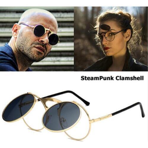 Steampunk Sunglasses Round Metal OCULOS De Sol Women Style Retro Flip Circular Double Metal Sun Glasses Men CIRCLE SUN GLASSES