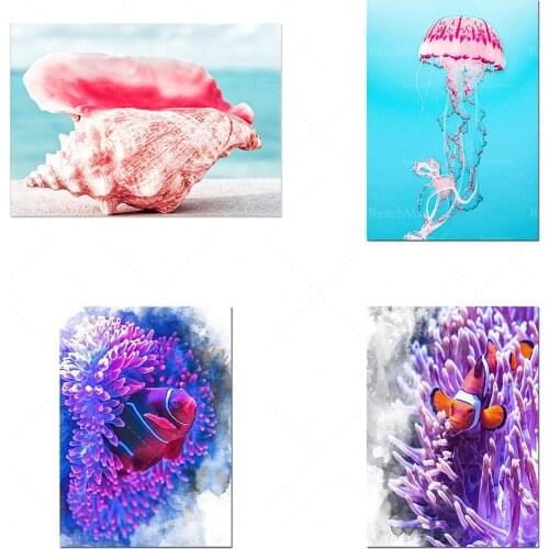 Undersea beach poster, clown fish-saltwater tropical fish, beach shells, jellyfish prints-aquarium art-gift decoration poster fo