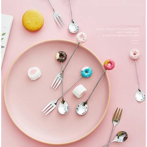 Donut Cute Stainless Steel Doughnut Dessert Spoon Fork Coffee Ice Cream Candy Kitchen Flatware Baby Kids Dinnerware
