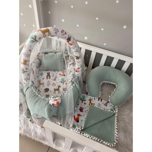 Jaju Baby Handmade, Green Knit Pique Fabric and Forest Muslin Fabric 6 Piece Babynest Set with Pompom