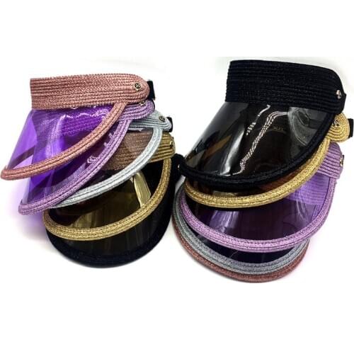 Women Summer Hat Glitter Straw Visor Girls Sun Protective Beach Hat Transparent Brim Lurex Straw Visor