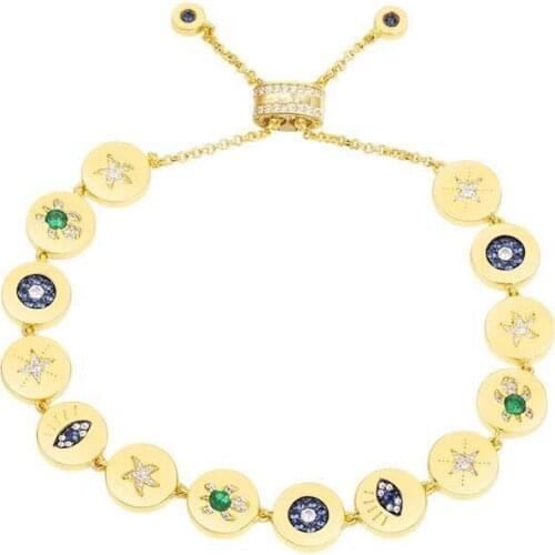 SOELLE 925 Sterling Silver Yellow Gold Color Coin inlay Zircon Lucky Symbol Eye Sea Turtle Star Chain Bracelet Luxury Jewelry