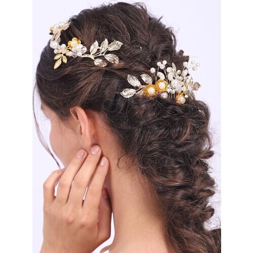 Vintage Flower Leaves Gold Headwear Pure Pearls Holy Elegant Wedding headdress Bridal Hair Accessories for women Ornaments