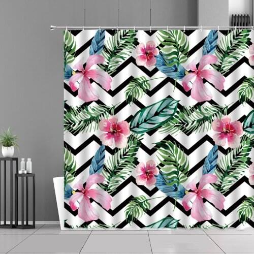 Tropical Plant Flower Shower Curtains Green Leaf Stripe Printing Bathroom Cloth Curtain Home Decoration Screen Polyester Fabric
