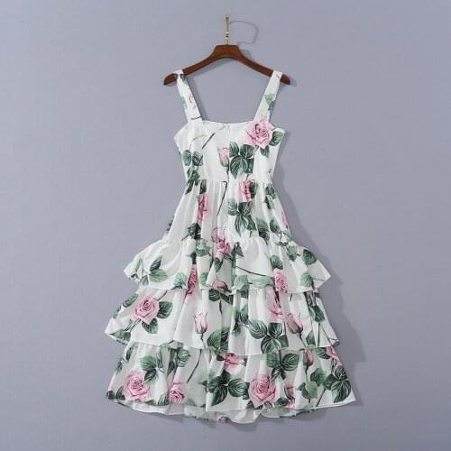 European and American womens wear 2020 summer new style Condole belt Rose printed Fashion flounce cake dresses