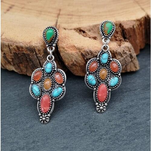 Multi Color Beads Turquoises Drop Earrings Vintage Bohemia Silver Color Stone Earring Water Droplets Dangle Earrings for Women