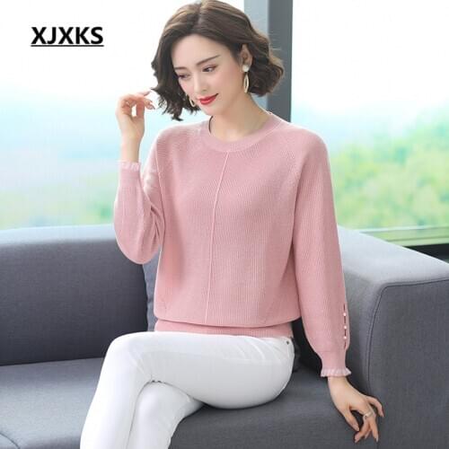 XJXKS Round neck long sleeve women spring thin sweater 2020 new comfortable women wool knitted sweater pullover
