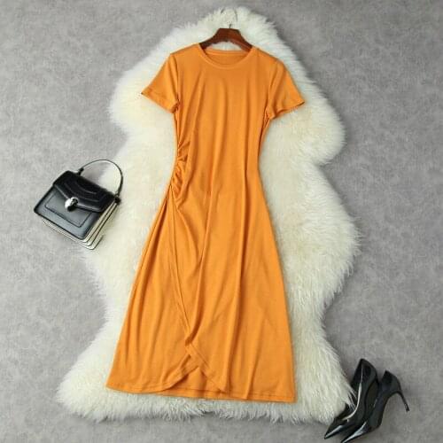 T-Shirt Dress Summer Women 2021 New Fashion Simple Round Neck Short Sleeved Solid Color Slim Split Casual Dress Over The Knees