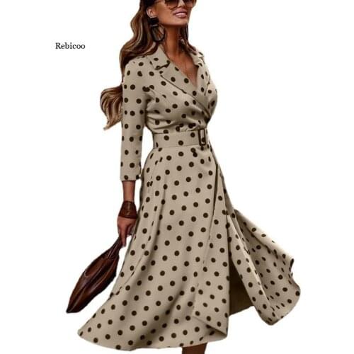 Spring Autumn Womens Dress Mid-Length Skirt V-Neck Fashion Temperament Belt Ladies Dress New