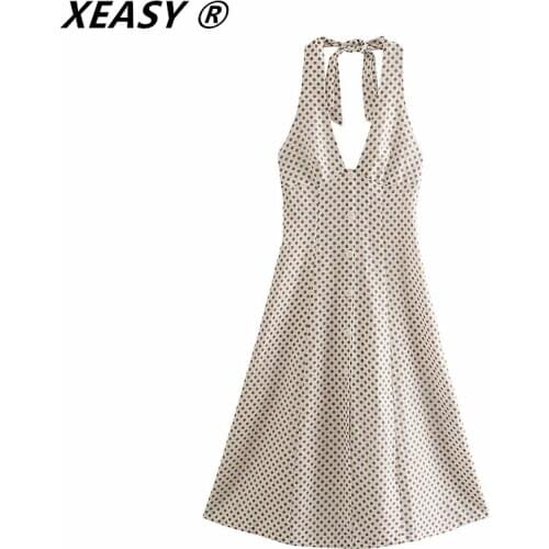 XEASY Women 2021 Vintage V Neck Polka Dots Print Halter Midi Dress Chic Female Sleeveless Backless Zipper Beach Mujer Vestidos
