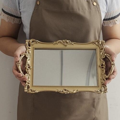 1pc European Mirror Tray Vintage Storage Plate Cosmetics Storage Tray (Golden)