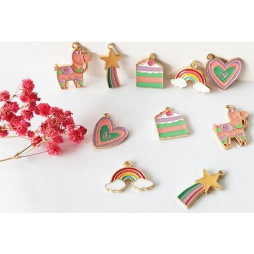 10pcs Colorful Alpaca Rainbow Meteor Love Cake Enamel Charms Pendants Horse Stars Fit DIY Bracelet Jewelry Decor Accessory YZ033
