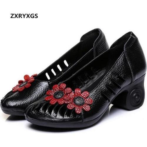 2019 New Summer Hollow Flowers Women Fashion Shoes High-heeled Sandals Retro Casual Shoes Woman Sandals Real Leather Shoes Sanda