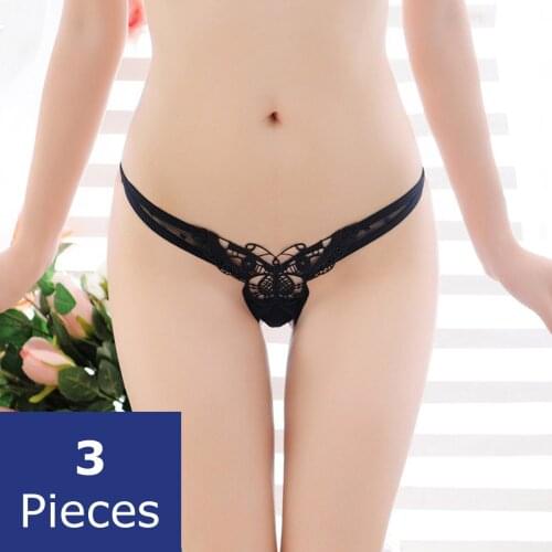 3 Pcs/Lot Thong Panties Sexy Butterfly Lace Hollowed Out Transparent Erotic Underwear Simplicity Solid Color Lingerie Bikini
