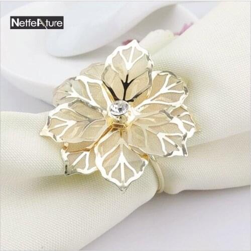 4PCS/Lot Fashion Upscale Gold Flower Rhinestone Wedding Napkin Rings Serviette Holder Napkin Buckle Hotel Household Table Decors