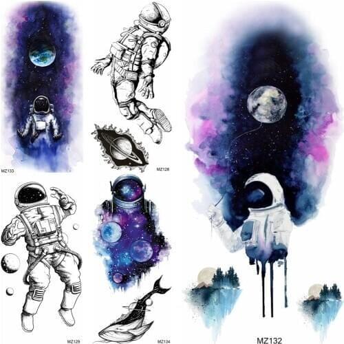 Watercolor Astronaut Temporary Tattoo Sticker Creative Galaxy Planets Tattoos For Women Men Body Art Tatoo Fake Waterproof Tatoo