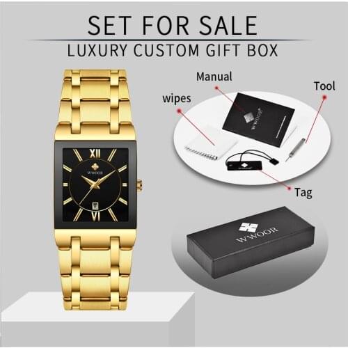 WWOOR Square Watch For Men Luxury Gold Black Quartz Wristwatches Mens Stainless Steel Waterproof Business Date Relogio Masculino