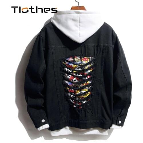Black Denim Jacket Mens Denim Shirt Men Long Sleeve Jeans Shirts Men Ripped Hole Jeans Jacket Men Clothes Sprint Autumn Outwear