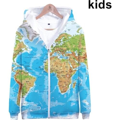 3 To 14 Years Kids Hoodie World Map 3D Zipper Hoodies boy/girls Sweatshirt Anime Colorful Graffiti Jacket Coat Teen pullover