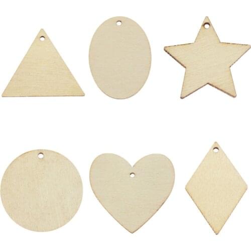 Julie Wang 50PCS Wood Charms Blank Unfinished Round Heart Star Oval Triangle Wooden Slice Pendant Jewelry Making Accessory Decor