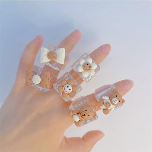 Harajuku Bear Biscuits Y2K Rings for Women Bowknot Sun Flower Smiley Rings Korea Fashion Jewelry 90s Resin Christmas Gifts New