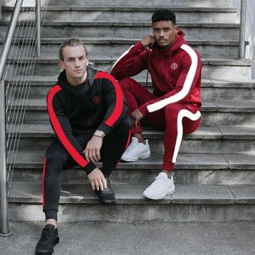 Autumn Winter Mens Hoodies Suits Long Sleeve Zipper Patchwork Coats+Small Leg Trouser Suits Classic Style Jogger Sportswear