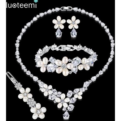 LUOTEEMI Generous Rhinestone Flower Earrings Necklace Natural Pearls with Teardrop CZ Wedding Jewelry Sets For Bride Accessories