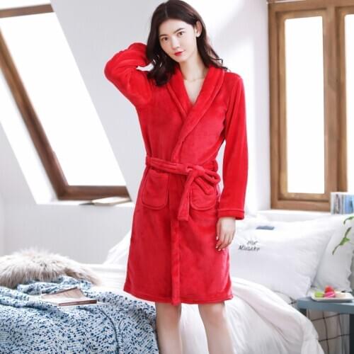 Soft Red Robes Women Long Bathrobe Flannel Winter Warm Kimono Bath Robe Sleepwear Dressing Gown Female Nightwear Home Clothes
