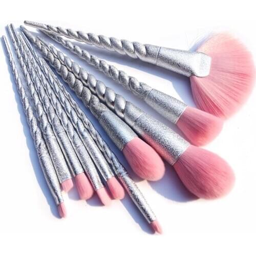 10pcs Unicorn Makeup Brushes Set Silver Glitter Spiral Handle Foundation Blending Powder Crease Make Up Brush Cosmetic Tools