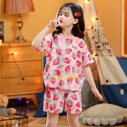 Baby Girls Clothes Teenages Girl Pajamas Sets Cotton Short-sleeved Sleepwear Cartoon Clothing Suit Strawberry Nightwear Homewear