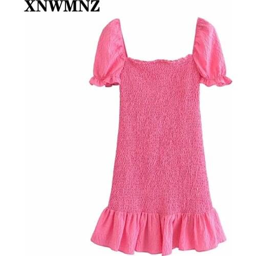 XNWMNZ Za Dress Women Pink Textured Short Dresses Summer 2021 Elastic Square Neck Ruffle Short Puff Sleeve Woman Dresses