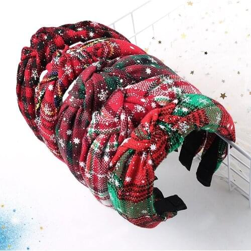 Merry Christmas Decoration Headband Hair Accessories Head Band With Bowknot New Year 2021 Christmas Gift Snowflake Grid Headband